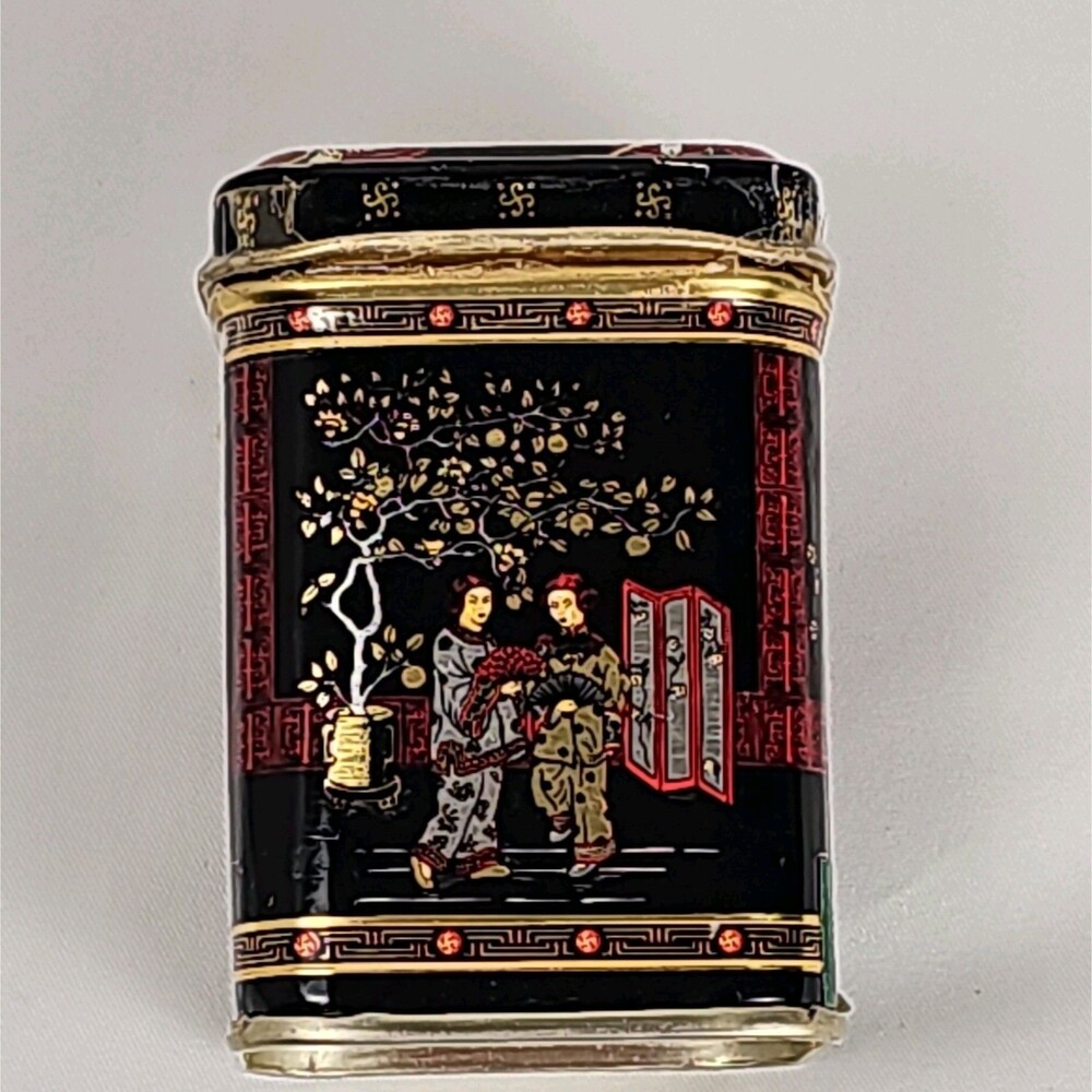 Vintage Style Chinese Tea Tin Black Red Gold Asian Decorative Mini Canister